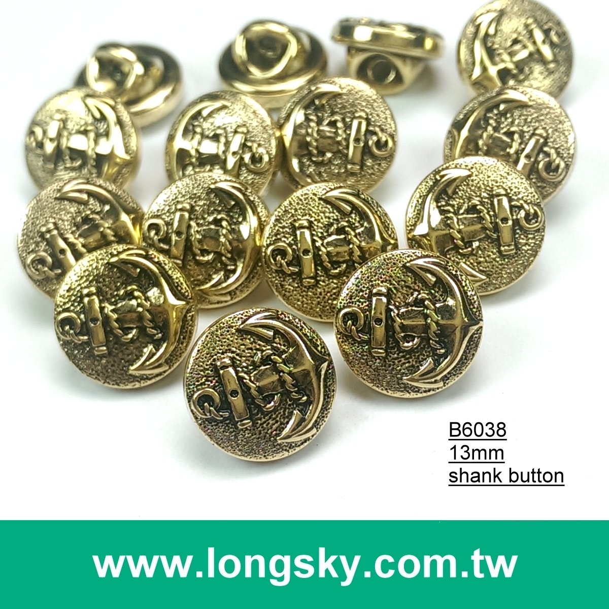 (#B6038/13mm) Sea anchor pattern on gold round button with shank for navy style garment
