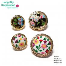 (#B9501) 24L, 28L, 34L round golden edge colorful floral print shank buttons